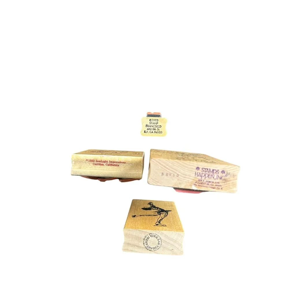 Vtg Wood Mounted Rubber Stamps- Sports Activities- Set of 4 Assorted Preowned